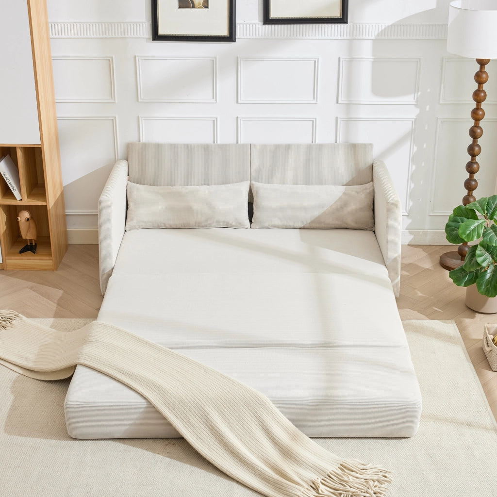 Divano letto 2 posti - con funzione pieghevole e tasche - in tessuto a coste beige