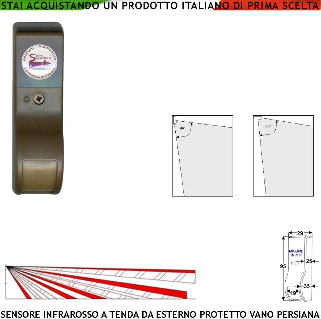 Sensore Intruso Rileva Movimento Dual Pir Infrarosso a Tenda da Esterno Marrone Per Porticato Persiana Invia Allarme Portata 8 MT 60° Vertic. 7° Oriz. Alimentazione 12 V Assorbim. 10 mA Cover ABS IP31