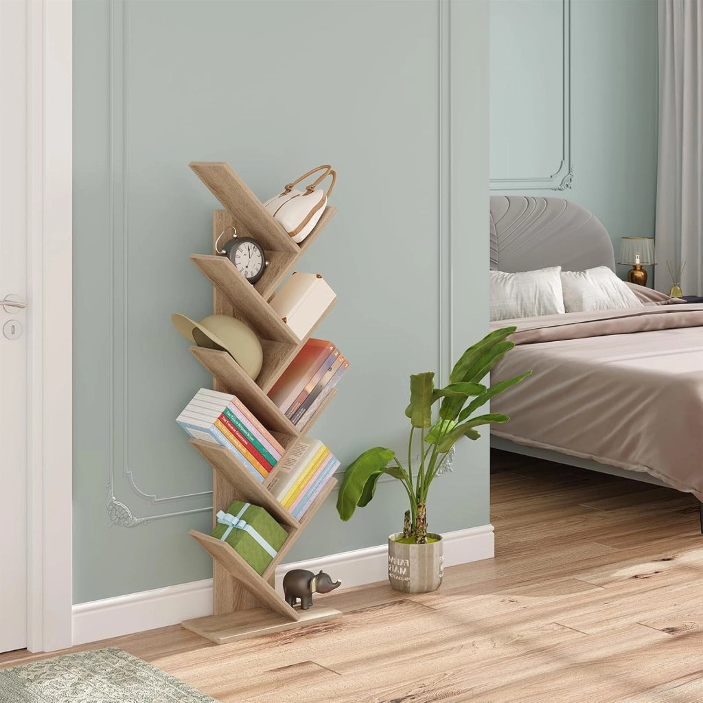 Libreria ad Albero Moderna Scaffale Salvaspazio a 9 Ripiani in Legno Porta Libri per Soggiorno Camera Studio Legno Chiaro, 40x20x127cm
