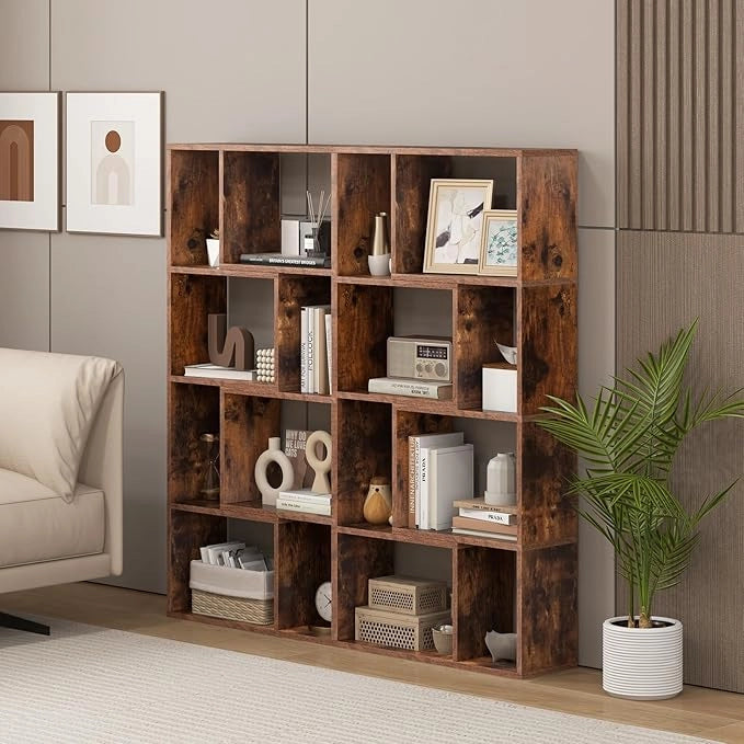 Libreria Geometrica a 4 Ripiani, Organizzatore Moderno con 8 Cubi, Mensola Espositiva a Pavimento, Mobile di Stoccaggio in Legno per Soggiorno Camera da Letto Studio, 60x20x120 cm (Marrone)
