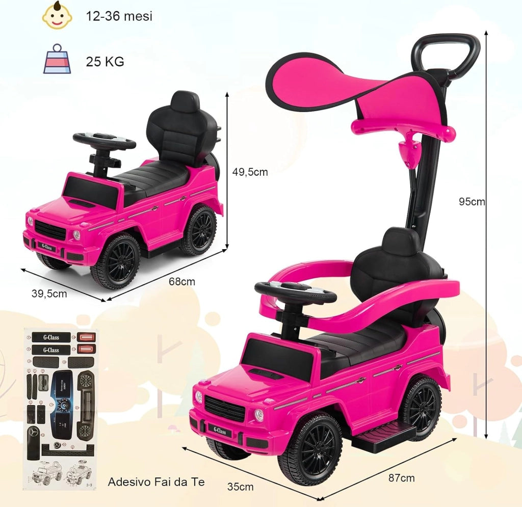Auto a Spinta per Bambini, Macchina Cavalcabile a Spinta con Tettuccio Regolabile Maniglia per Genitori Paracolpi, Ideale per Bambini 12-36 Mesi (Rosa)