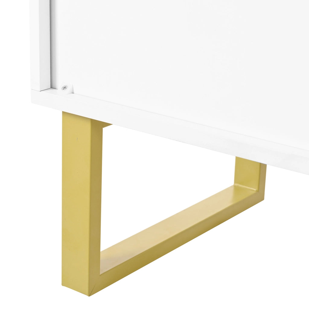 Credenza con 4 Ante; Motivo Geometrico 3D e Piedi in Metallo; Bianco Lucido; in MDF; 140??40??80 cm