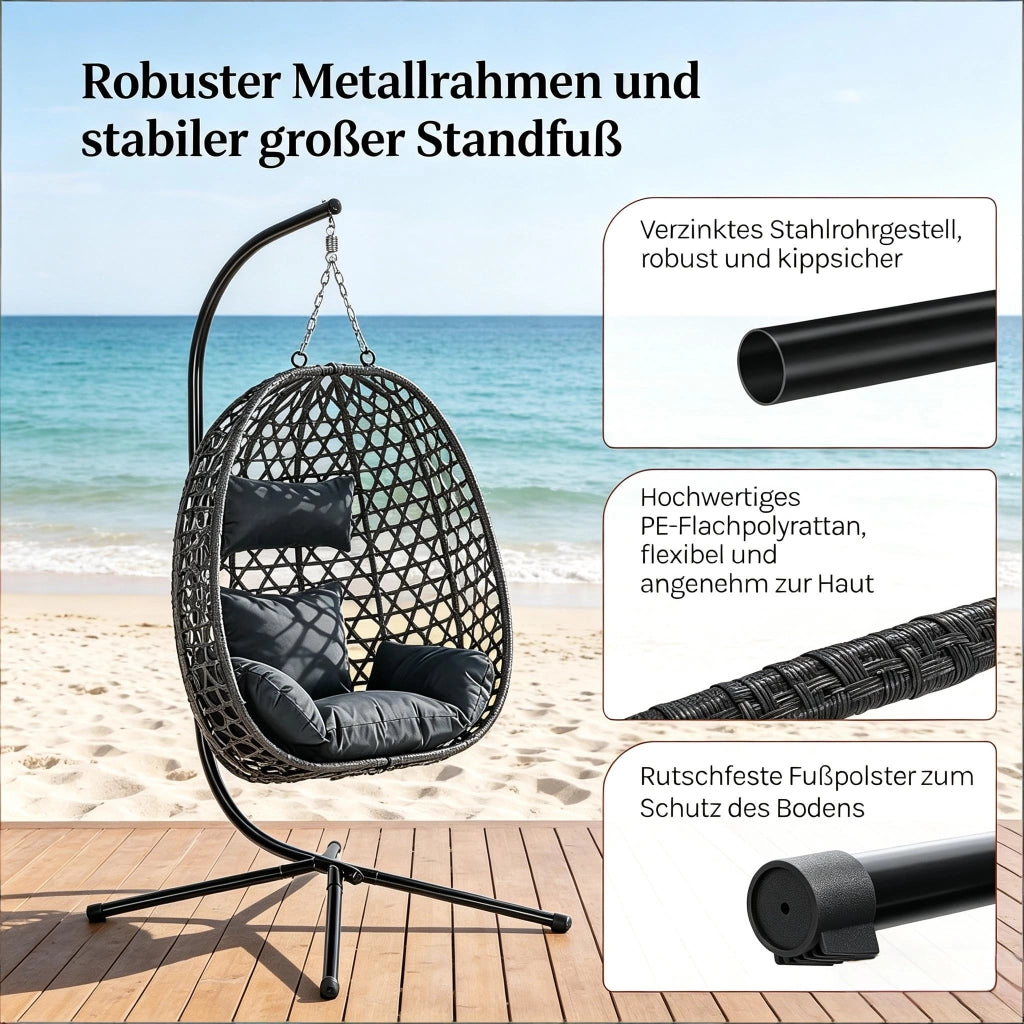 Fauteuil suspendu in rattan PE con altezza regolabile e base stabile, con cuscino e poggiatesta, grigio scuro