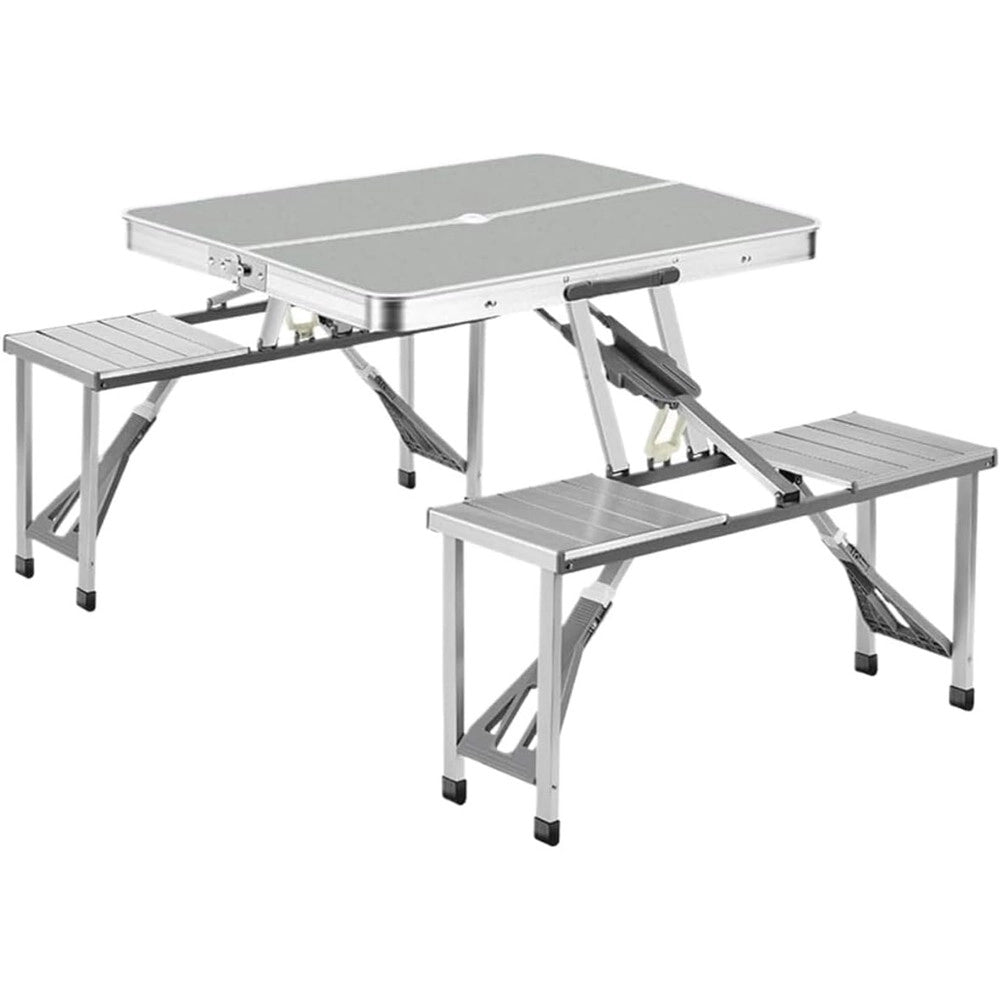 Trade Shop - Set Tavolo Pieghevole In Alluminio Pic Nic Campeggio Portatile Valigia Con Panca A 4 Posti -