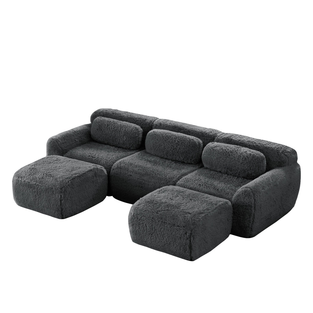 Divano Modulare a U con Pouf Collegabile, Design Ergonomico, Base Antiscivolo, in Peluche Grigio