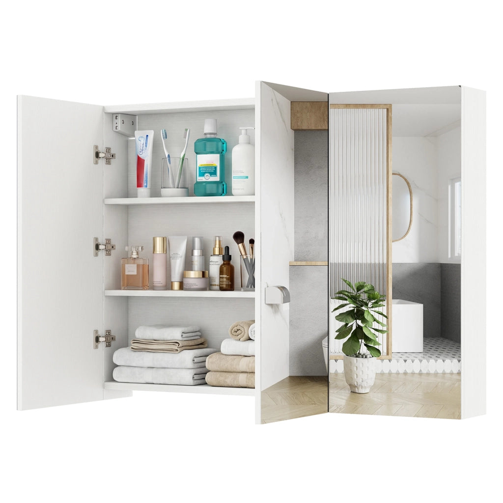 Armadietto bagno specchio 3 ante parete incasso medicinali 6 scomparti, Armadietto effetto legno struttura legno robusta 87cm