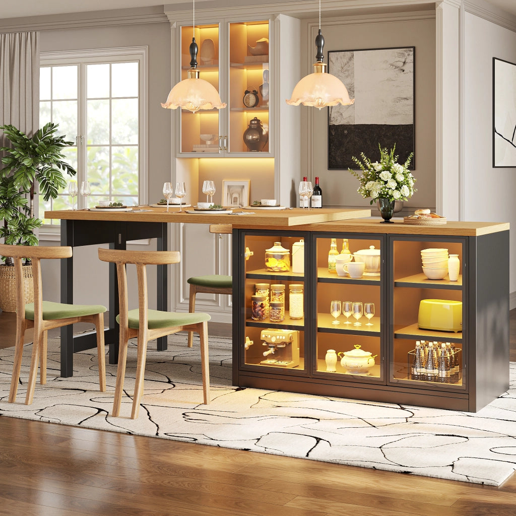 mobile contenitore multifunzione con tavolo da pranzo estensibile; ante in vetro push-to-open; per cucina e sala da pranzo