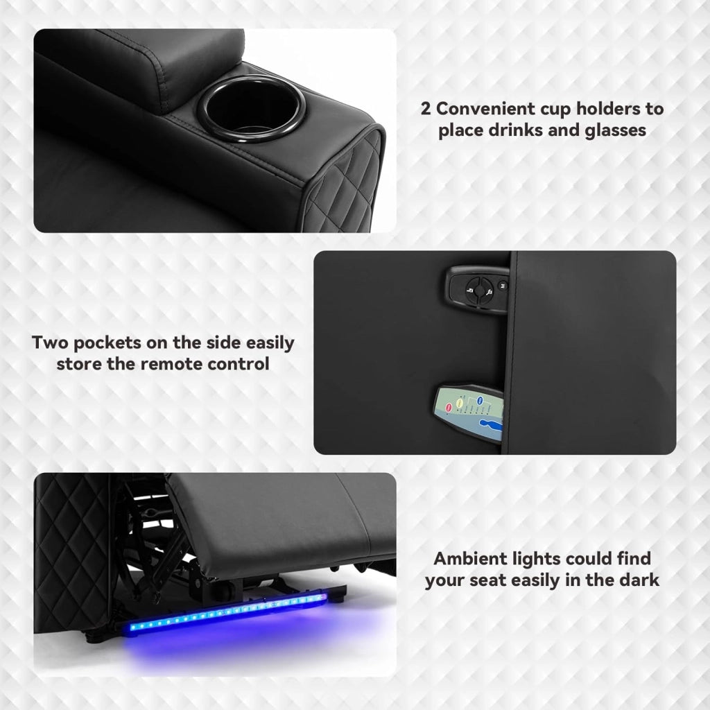 Poltrona Massaggiante Elettrica Illuminazione a LED Divano Telaio Home Theater Shake Divano Reclinabile Girevole con 2 Portabicchieri Nero