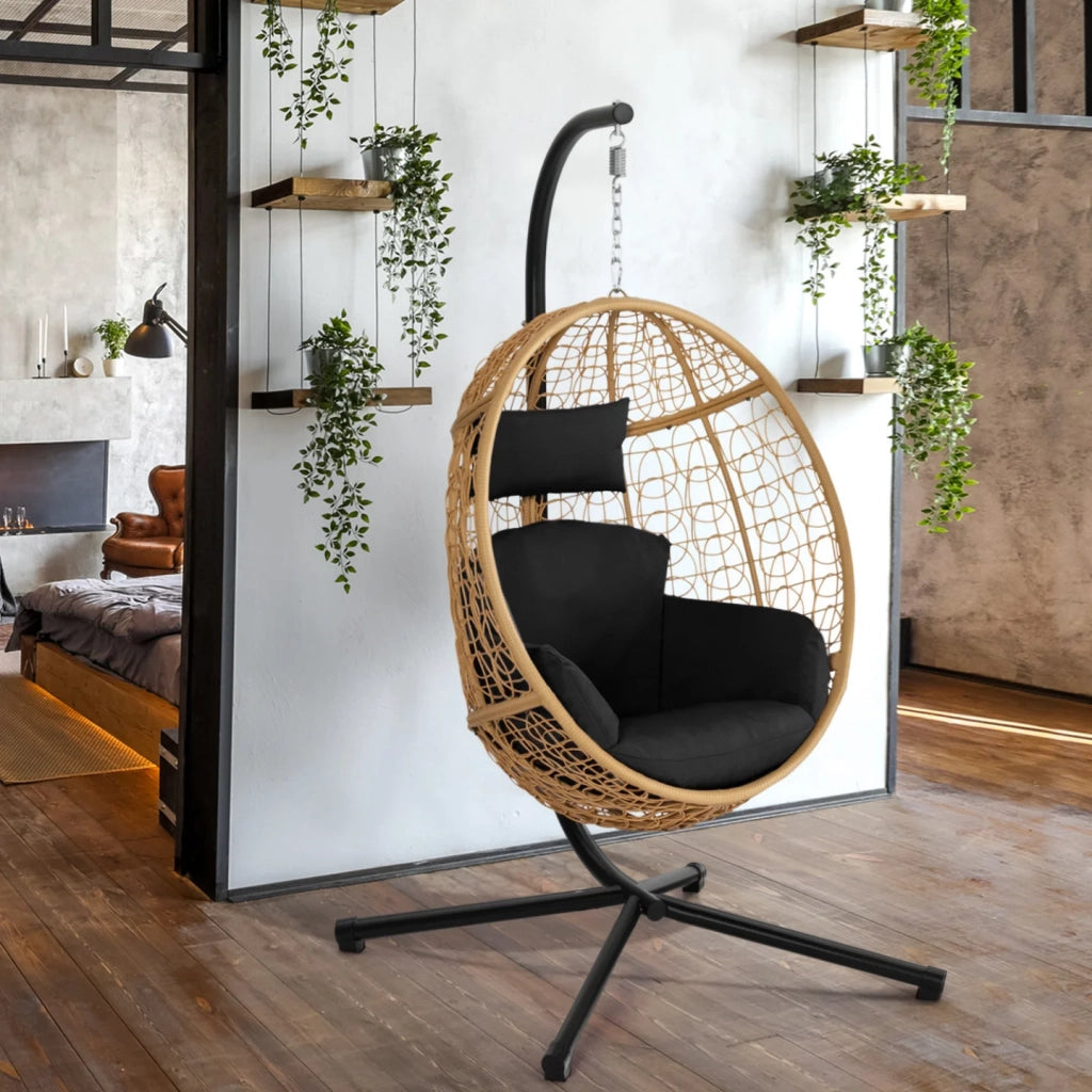 IDMarket - Poltrona sospesa a forma di uovo in rattan traforato con cuscino nero