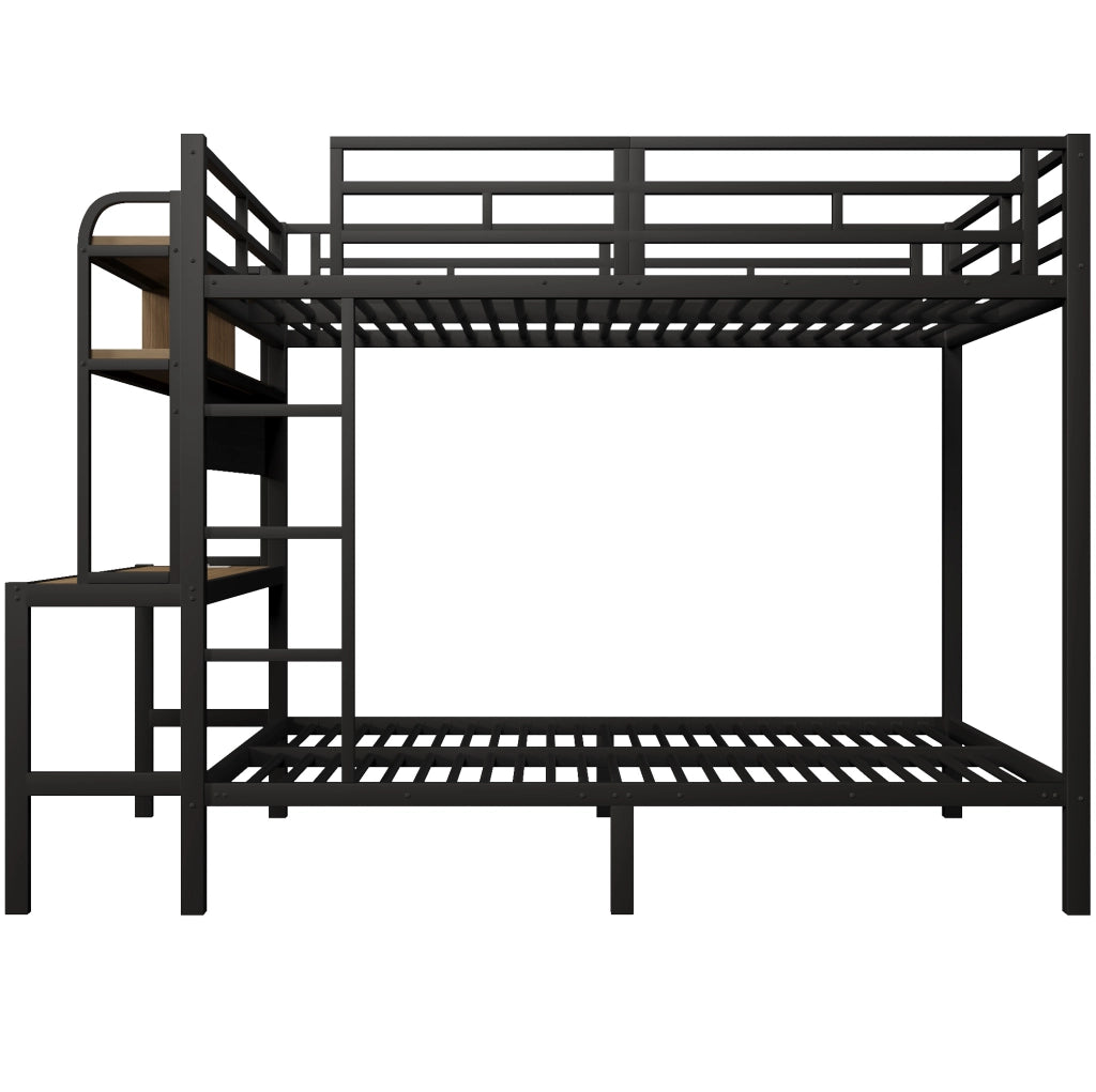 Letto a castello 140x200 cm con struttura in ferro, scrivania, luce LED e porta USB, nero