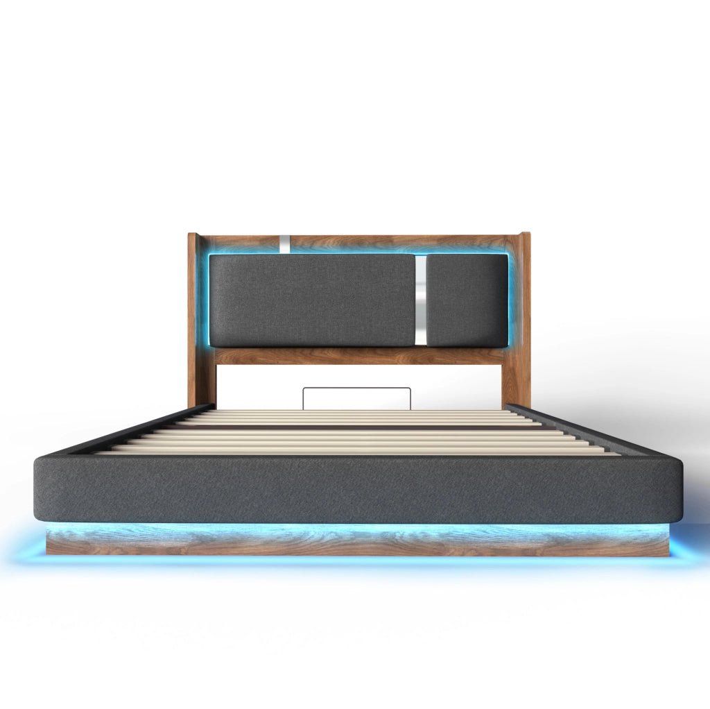 Letto matrimoniale 140x200 cm imbottito con LED; contenitore idraulico; grigio e noce