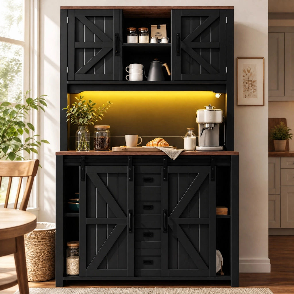 Credenza da cucina alta 115 x 40 x 174,7 cm con ripiani regolabili, ante scorrevoli e illuminazione LED