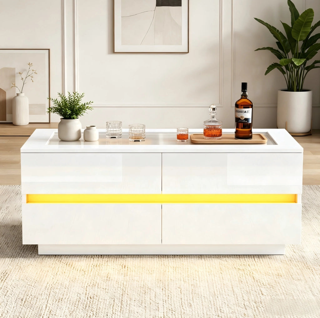 Tavolino da caffè 100x50x40 cm con 4 cassetti; LED; piano in vetro temperato; truciolare bianco