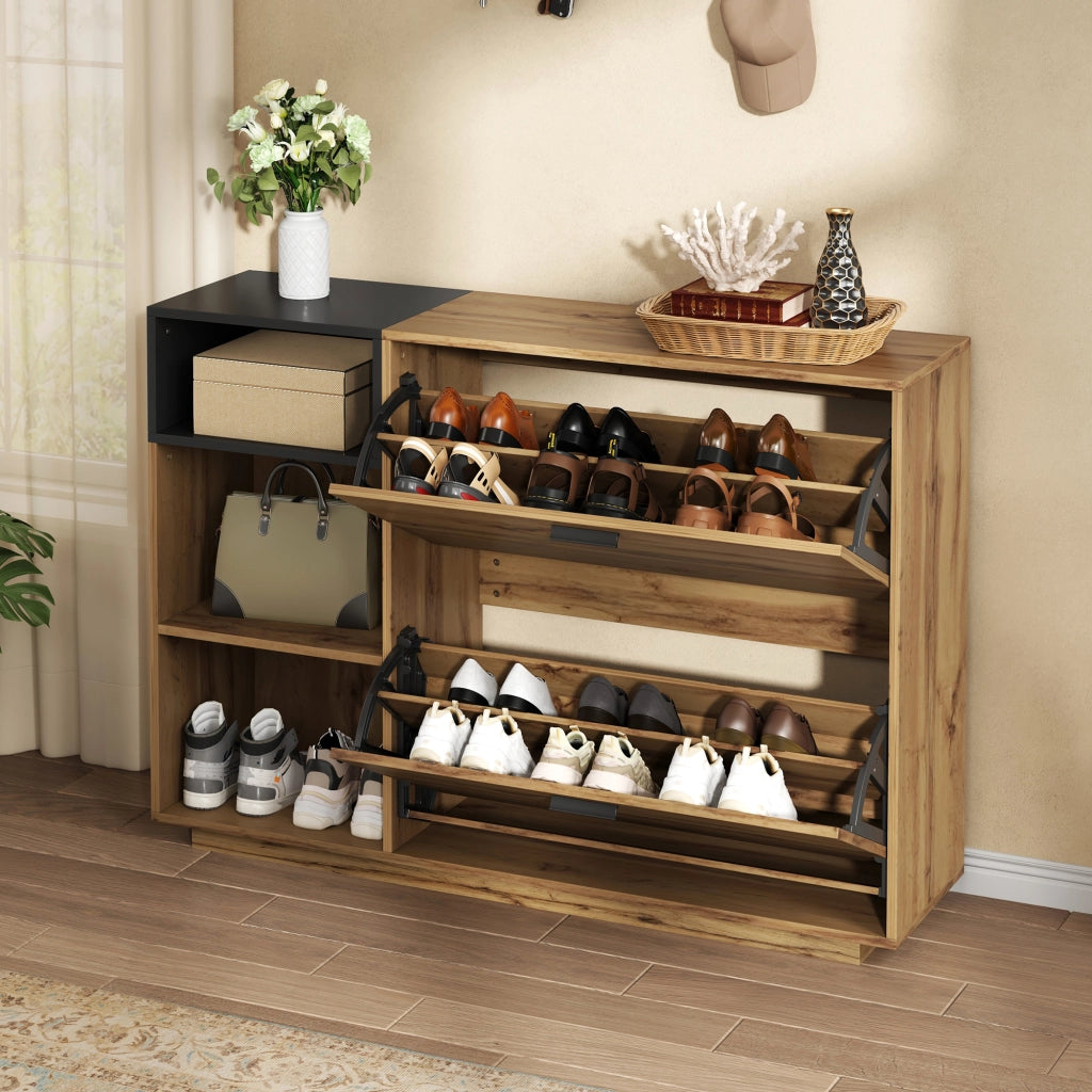 Scarpiera con 2 ante a ribalta e 3 vani aperti, per ingresso, in MDF, effetto legno naturale e nero, 120 × 32 × 84,5 cm
