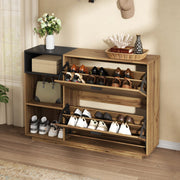 Scarpiera con 2 ante a ribalta e 3 vani aperti, per ingresso, in MDF, effetto legno naturale e nero, 120 × 32 × 84,5 cm
