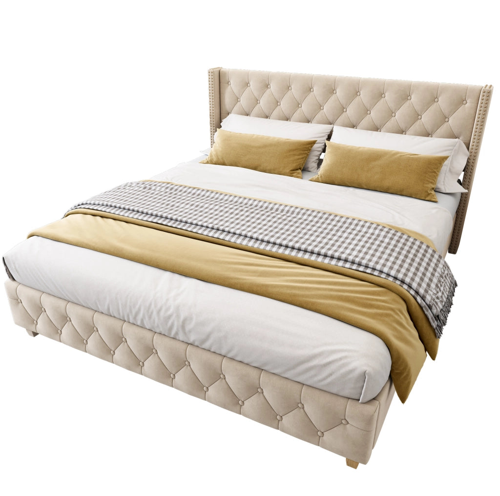 Letto imbottito 180x200 cm con testiera capitonn茅 e borchie; velluto beige chiaro (Senza materasso)