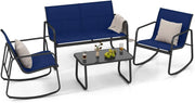 Set da Giardino 4 Pezzi in Tessuto Textilene, Set da Bistrò da Patio, Tavolo e Sedie con Tavolino in Vetro, 2 Sedie e Divanetto a Dondolo, per Giardino Coltile Terrazza (Blu)