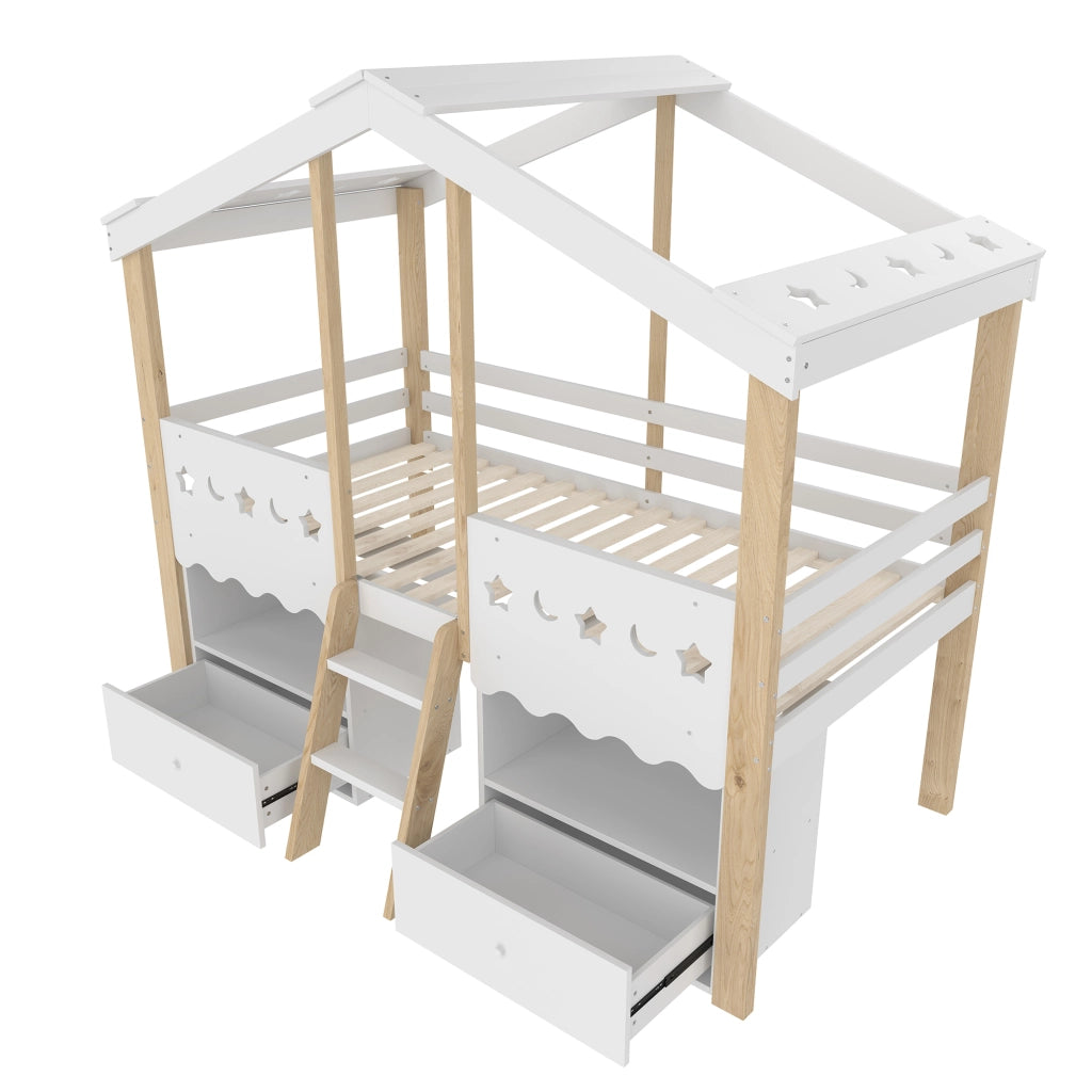 Letto a soppalco singolo 90×200 cm in casa con 2 cassetti; ripiani; LED; sponda; senza materasso