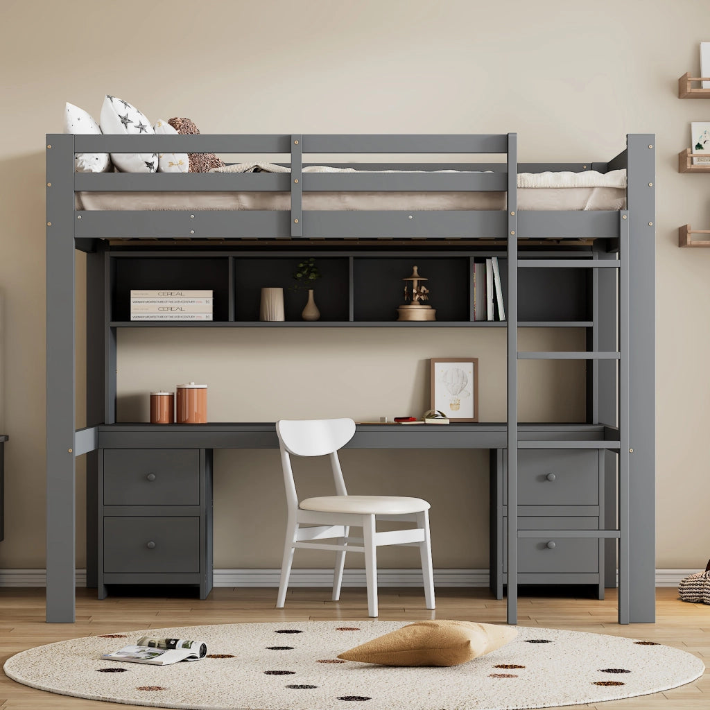 Letto a castello grigio in pino con scrivania sottostante e spazio di stoccaggio 90x200 cm