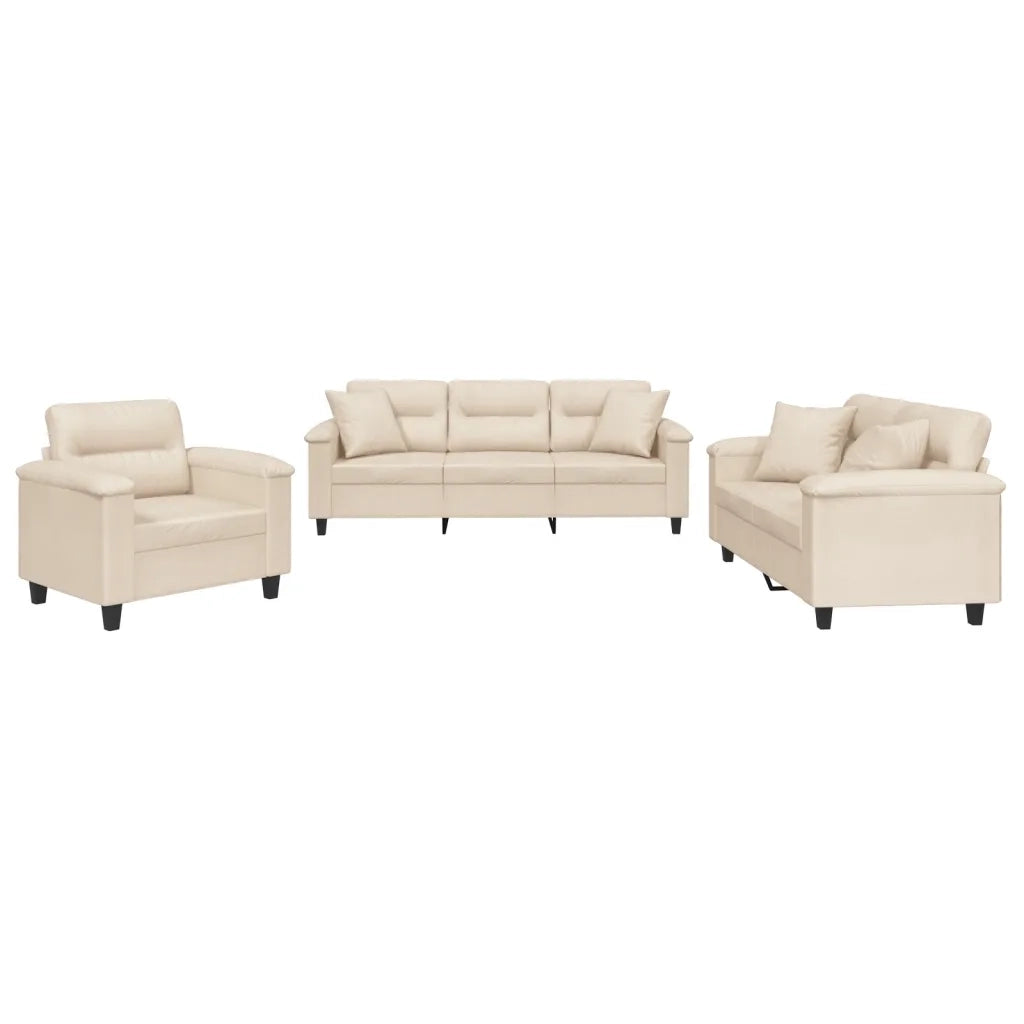 Set Divani 3 pz con Cuscini Beige in Tessuto Microfibra 3202307