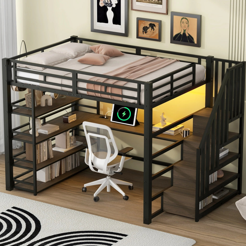 Letto a soppalco 140x200 cm in metallo nero con scrivania; scala contenitore; LED e scaffale a 4 ripiani