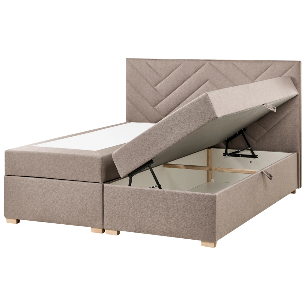 Letto contenitore in tessuto imbottito tortora 160x200 cm con apertura a sollevamento continentale