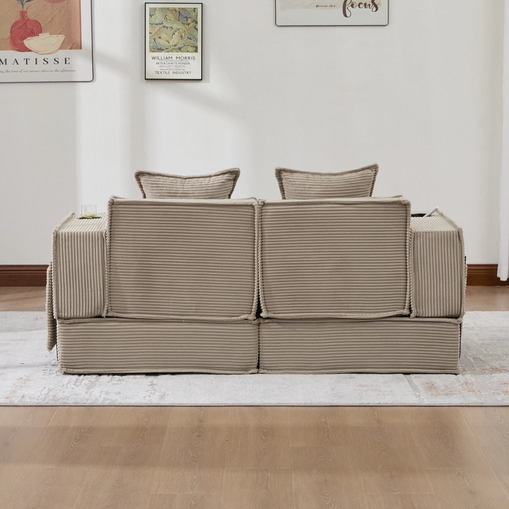 Pouf divano modulare in corduroy con due cuscini, tasche laterali e seduta ergonomica