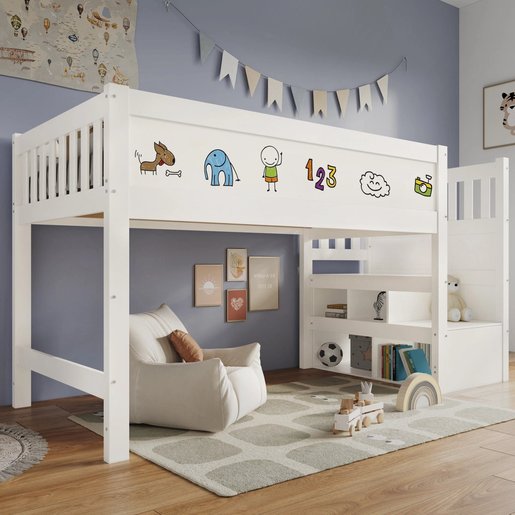 Letto a soppalco per bambini 90 x 200 cm con scala contenitore, lavagna e sponde di sicurezza, bianco