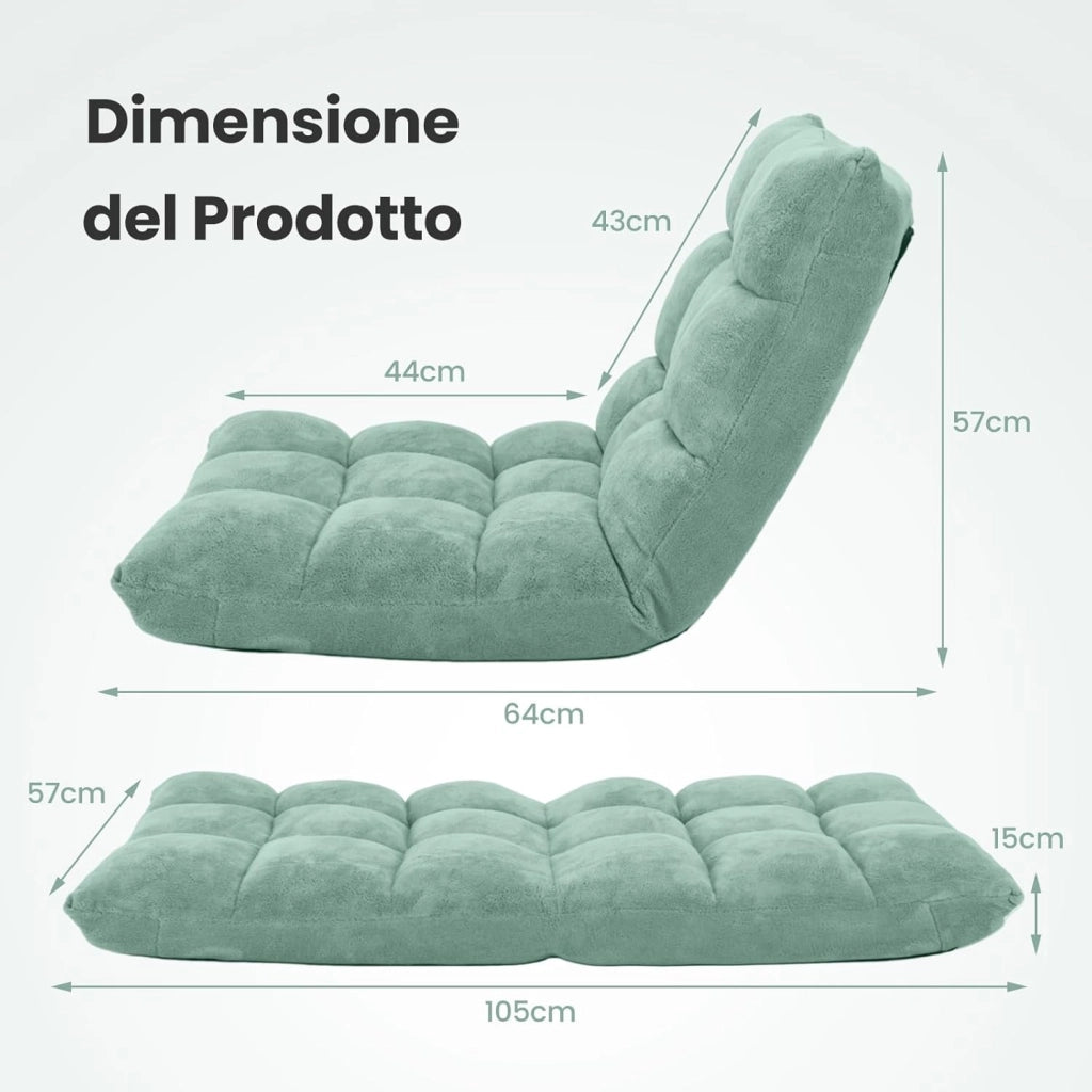 Sedia da Pavimento, Poltrona Imbottita Regolabile in 14 Posizioni 90°-180°, Cuscino da Terra Pighevole Imbottito, Sedia Reclinabile per Relax, Yoga, Lettura (Verde)