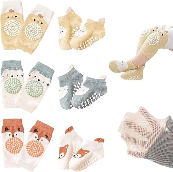 Set di calzini antiscivolo per bambini - calzini per pavimento - calzini per bambini in crescita - protezioni ginocchia - set di 3 protezioni ginocchia e 3 calzini - adatto per bambini da 6 a 12 mesi