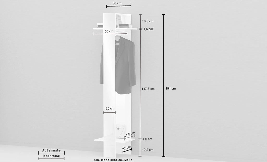 Mobile Appendiabiti con Specchio 50x32x191 cm Kompact Bianco Lucido