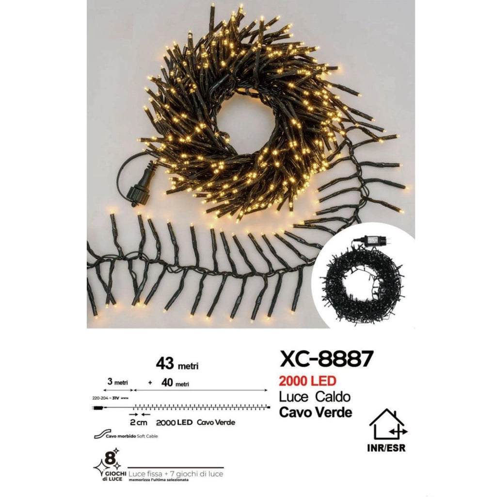 CATENA LUMINOSA MILLEPIEDI 1000 LED A LUCE CALDA 20 METRI PER DECORAZIONI NATALIZIE E GIARDINO – CAVO VERDE FLESSIBILE E TRASFORMATORE 31V PER INTERNI ED ESTERNI