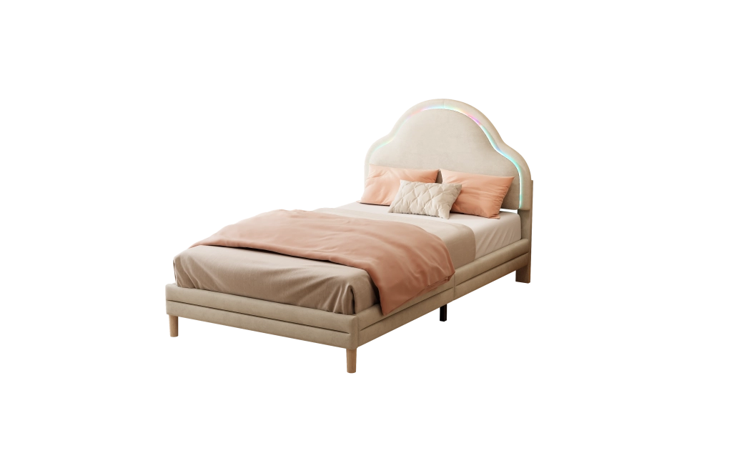 Letto Singolo per Bambini con LED Regolabile e Testiera a Nuvola; 90×200 cm; Senza Materasso; Beige
