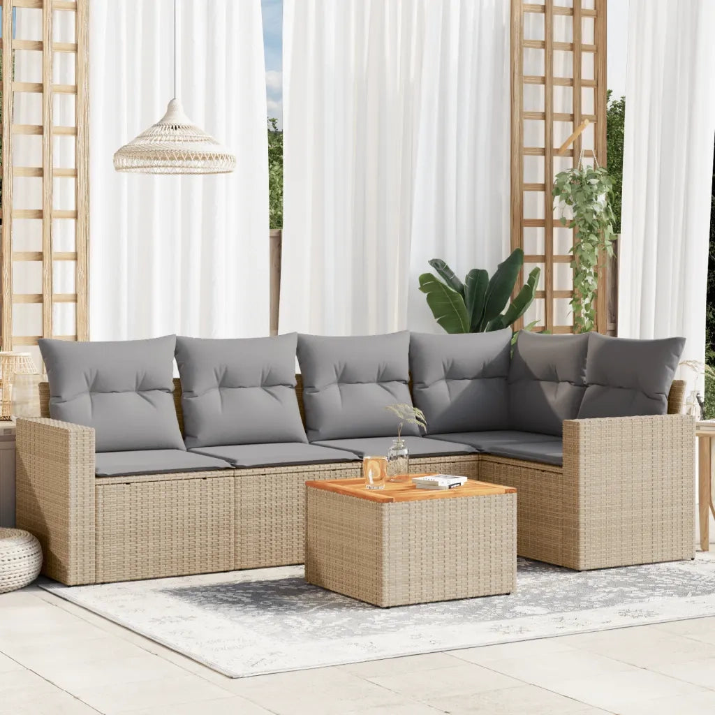Set Divano da Giardino 6 pz con Cuscini Beige in Polyrattan
