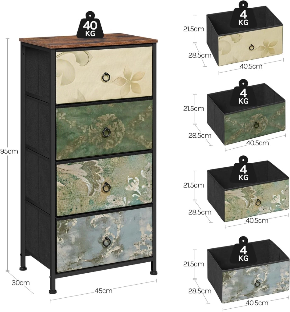 Cassettiera, 4 Cassetti per Camera da Letto/Corridoio/Soggiorno, Marrone Rustico e Nero con Motivo Fiore Retrò, Struttura in Metallo, 45x30x95cm, SSK011pw