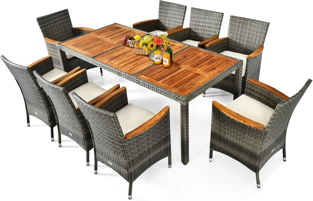 Tavolo e Sedie da Pranzo in PE Rattan, Set di Mobili in Rattan, Set di Mobili Composto da 9 Pezzi, con 8 Sedie e 1 Tavolo, per Interno e Esterno