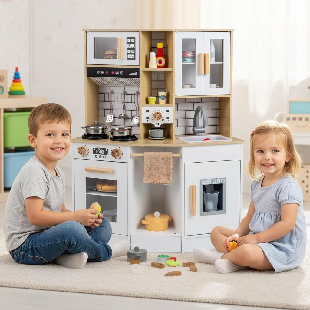 Cucina Giocattolo per Bambini, Cucinetta in Legno con Suoni e Luci, Fornello, Lavandino, Macchina del Caffè, Gioco Cucina di Ruolo per Bambini 3+ Anni (Naturale)