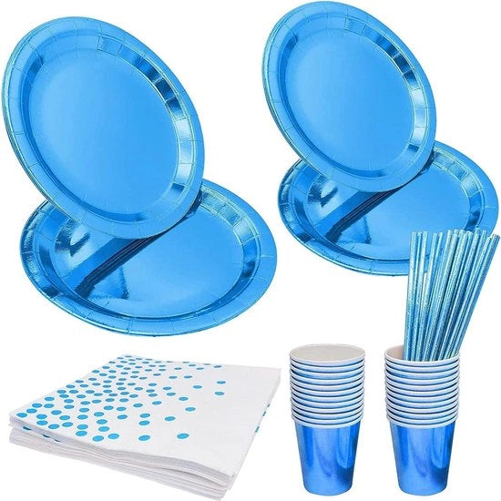 Set di decorazioni per feste - Piatti tovaglioli bicchieri stuzzichi in rame - 99 pezzi per feste a tema blu