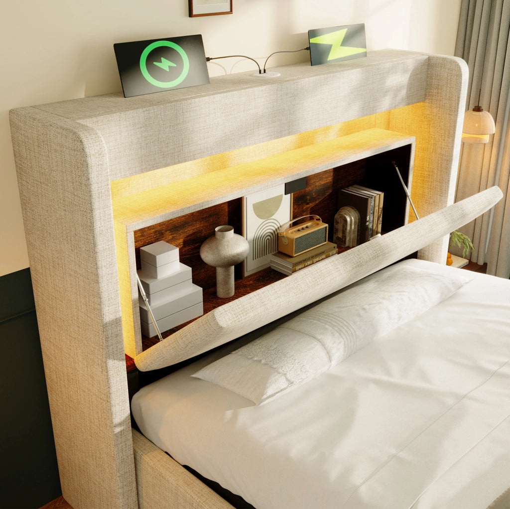 Letto imbottito 90x200 cm beige in lino con contenitore; testiera con USB e LED