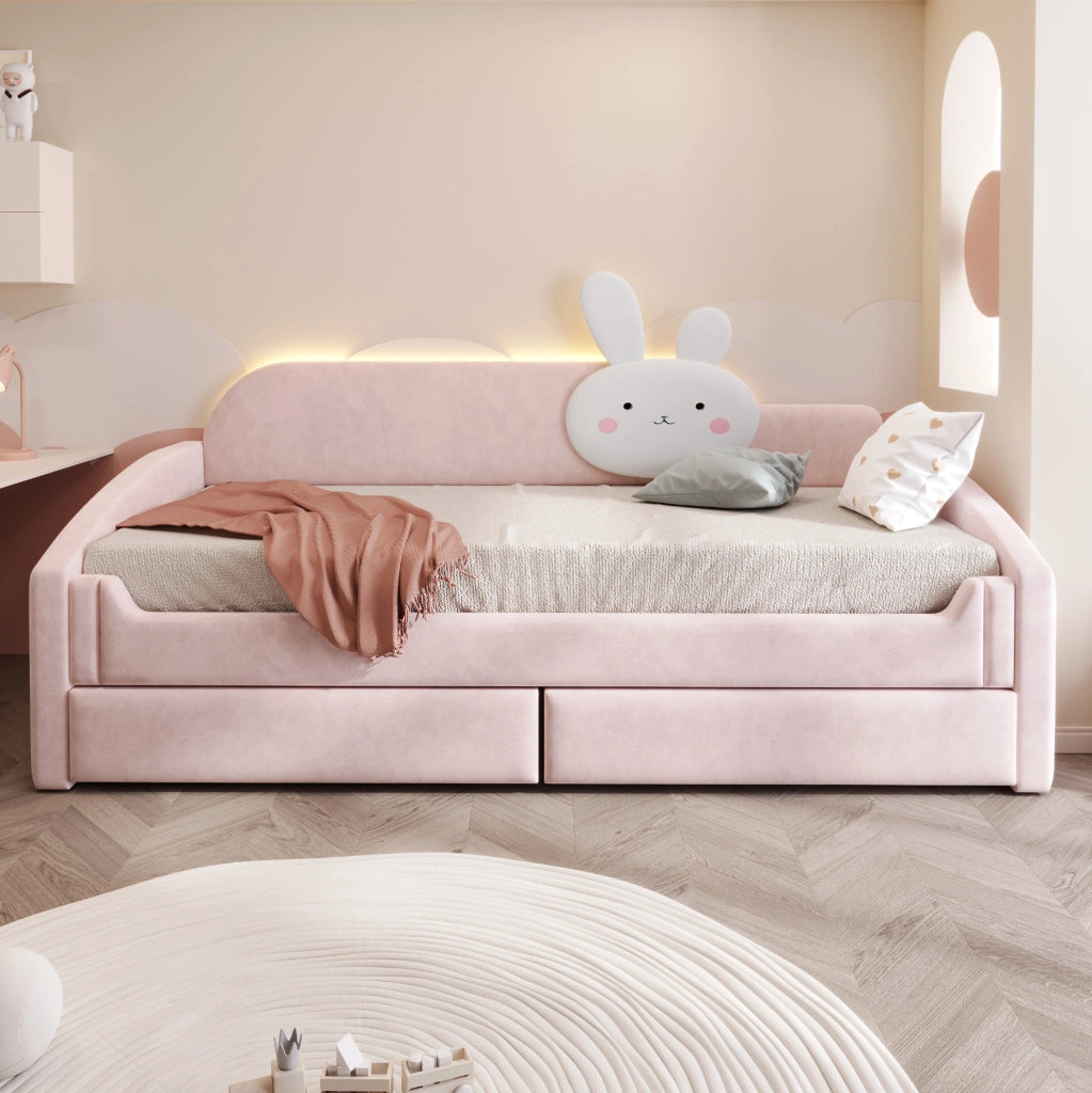Letto bambino con contenitore 90x200 cm; LED; velluto rosa; con cassetti e cuscino coniglietto