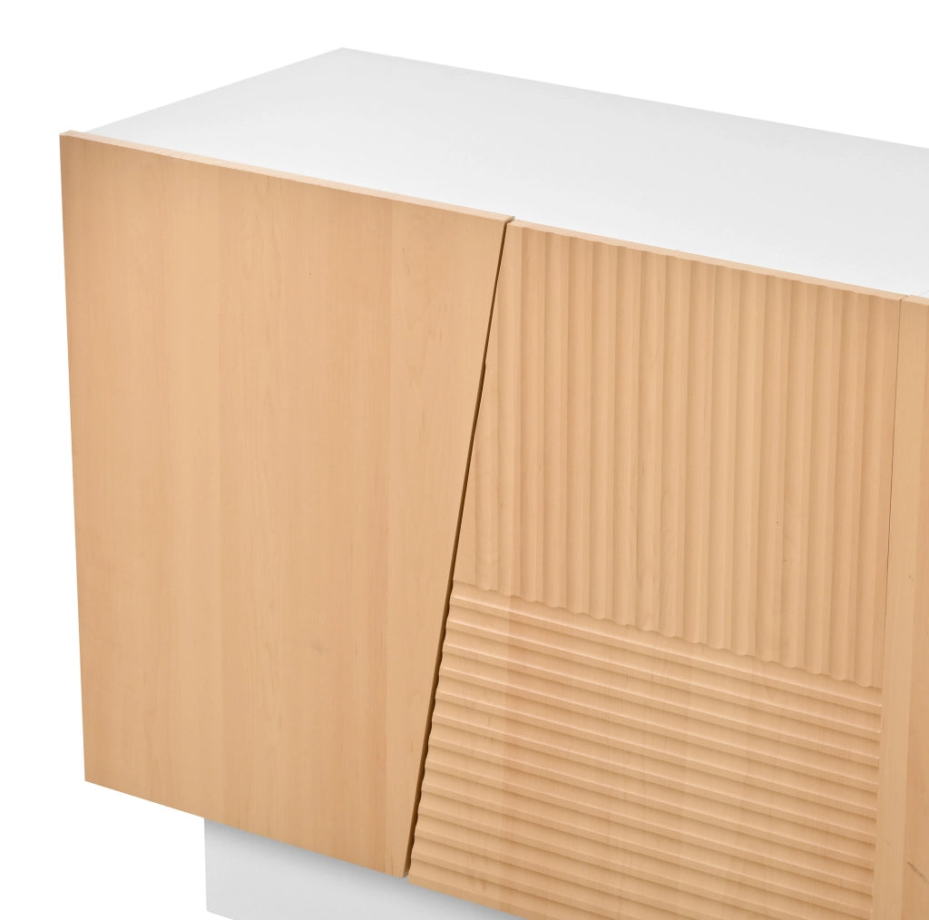 Sideboard bianco e naturale in PB e MDF con 4 ante e ripiani regolabili, 160x40,5x72 cm