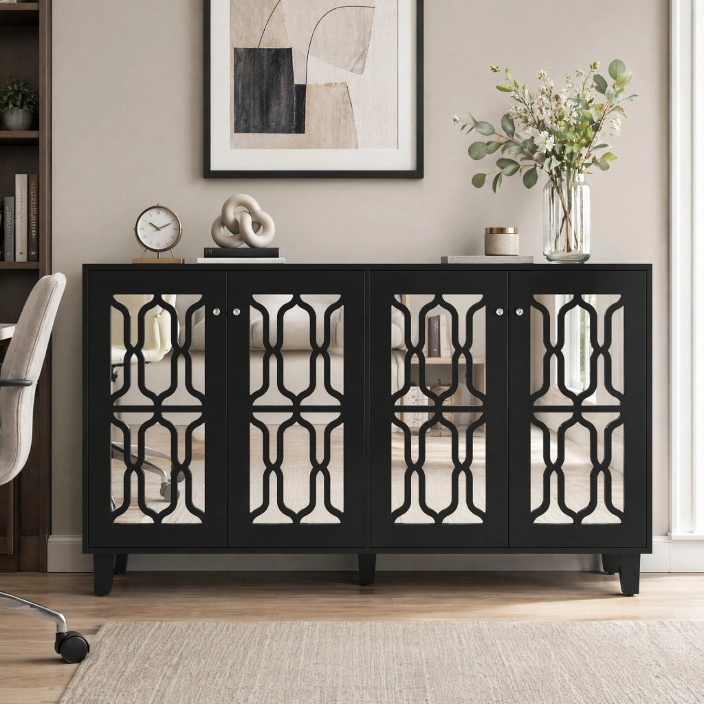 Credenza nera con superficie a specchio; 4 ante e 2 ripiani interni mobili; 160x40x84 cm in MDF