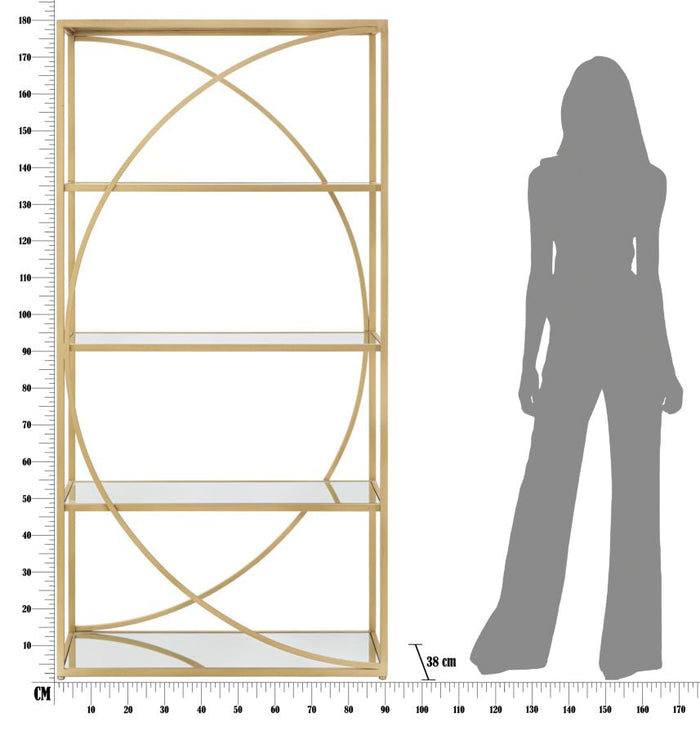 Libreria Glamy 90x38x180 cm in Ferro MDF e Specchio Oro