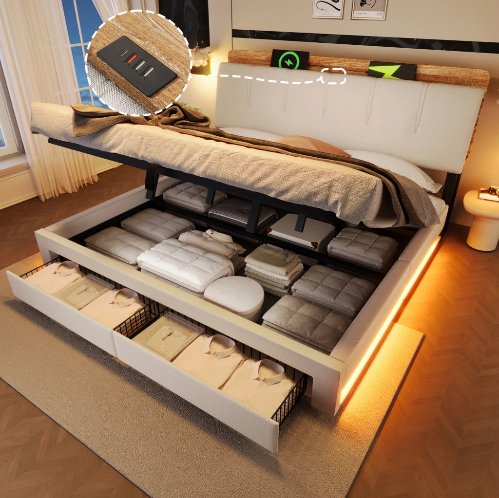 Letto matrimoniale imbottito 180x200 cm in lino beige con contenitore; USB e LED