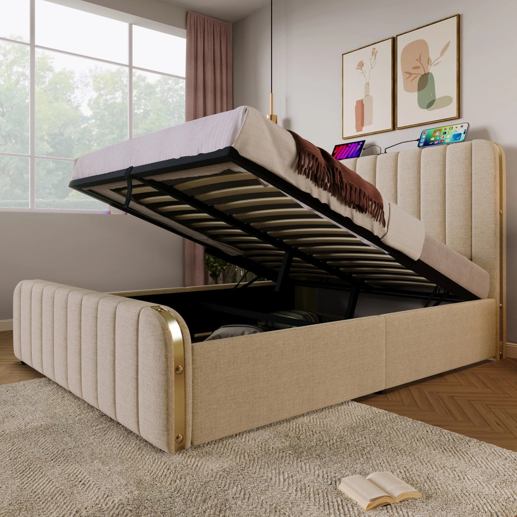 Letto contenitore imbottito 140x200 cm beige con testiera USB e Type-C, struttura in metallo, senza materasso