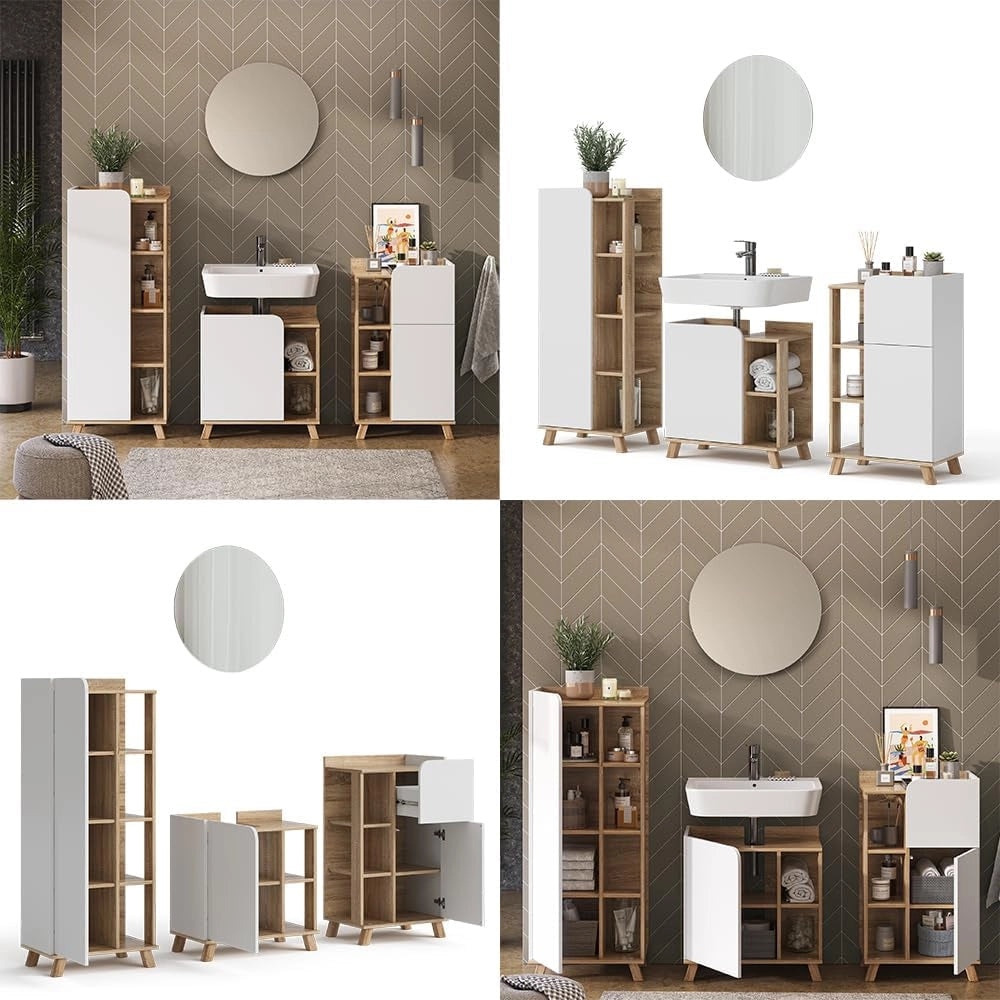 Set di mobili da bagno Karen, Sonoma/Bianco, 60 cm, composto da mobile lavabo, pensile a specchio, colonna e base media