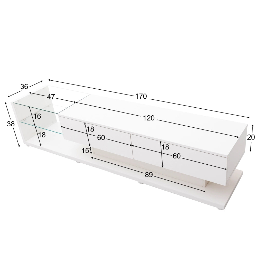 Mobile TV con 2 Cassetti e 2 Ripiani in Vetro con LED per Soggiorno in Truciolare 170×36×38 cm Bianco
