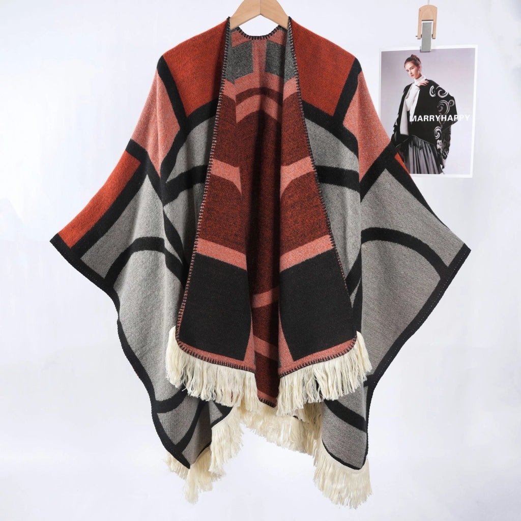 Sciarpa da viaggio da donna in stile vintage con frange, mantello esterno, cappa