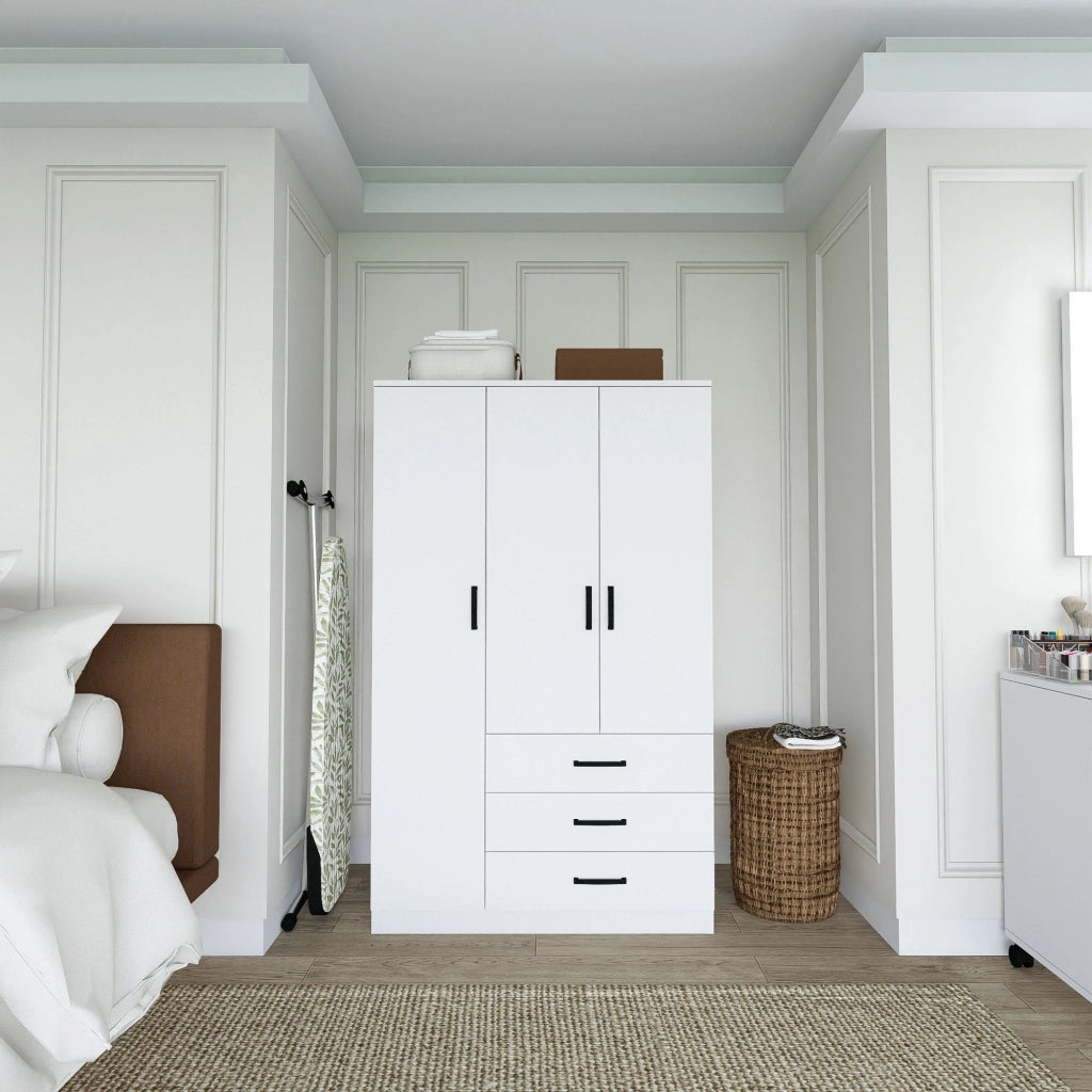 Armadio Camera da Letto Valdengo, Guardaroba 3 Ante 3 Ripiani, 90x47 cm Bianco