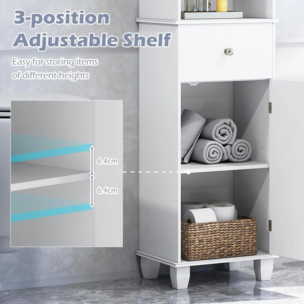 Mobile alto 172 cm, armadio da bagno sottile con 3 ripiani aperti, 1 cassetto, 1 anta e ripiano regolabile, 40 x 30 cm, mobile da bagno indipendente per cucina e soggiorno